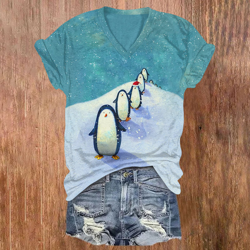 Christmas Adorable Penguins In Line Print V-neck T-shirt - Green - US32-34(5XL) - image 3