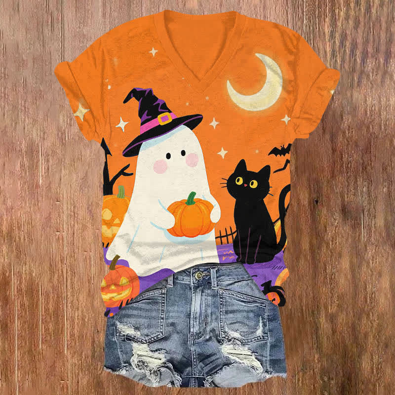 Halloween Night Wizard Ghost With Pumpkin & Black Cat Art Print V-neck T-shirt - Orange - US32-34(5XL) - image 2