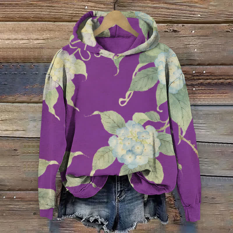 Japanese Watercolor Hydrangea Art Print Long Sleeve Hoodie - Purple - US44-46(8XL) - image 2