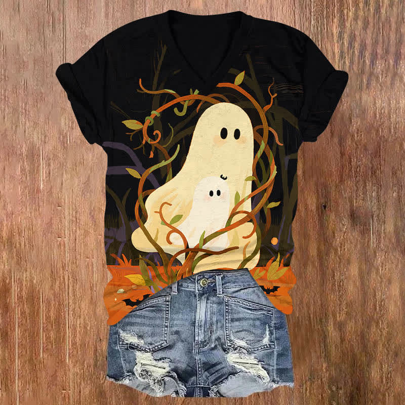 Halloween Creative Mother And Child Ghost Print V-neck T-shirt - Black - US32-34(5XL) - image 5