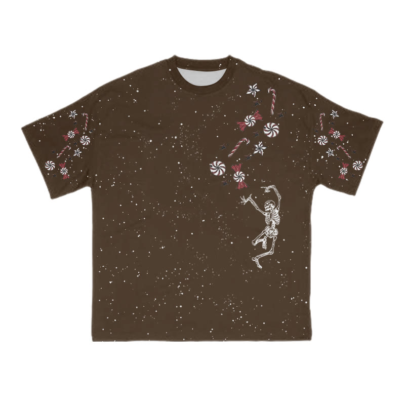 Unisex Dancing Skeleton Candy Christmas Print T-shirt - Coffee - 8XL - image 5