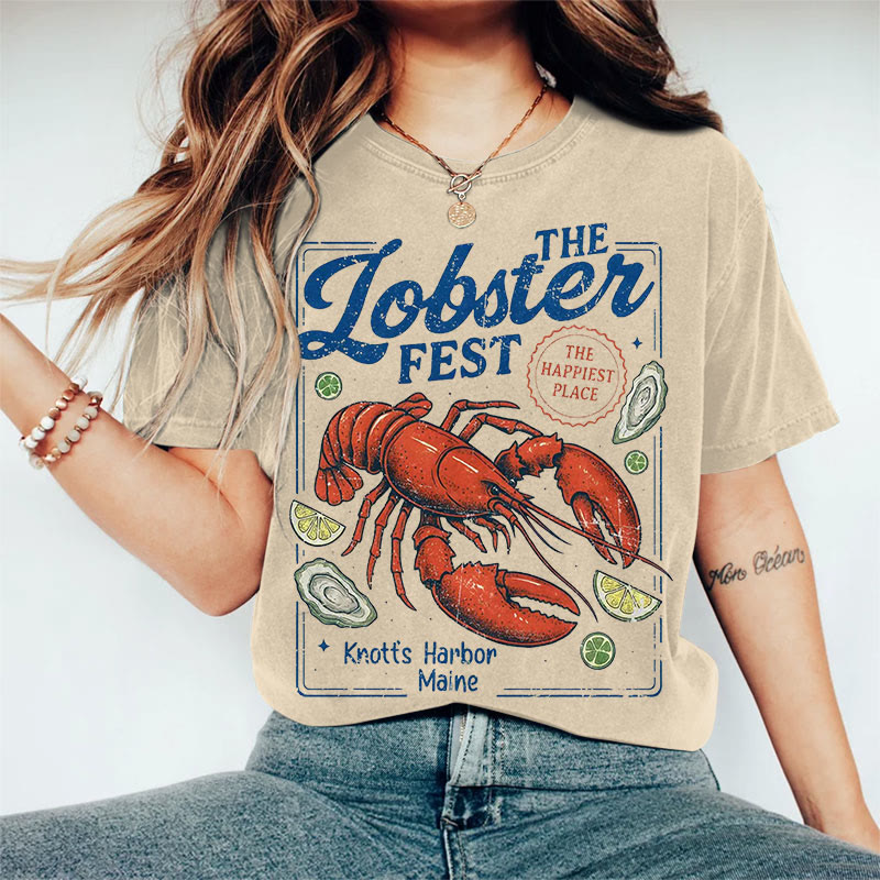100% Cotton Women's The Lobster Fest Art Print Casual T-shirt - Khaki - 2XL - image 3
