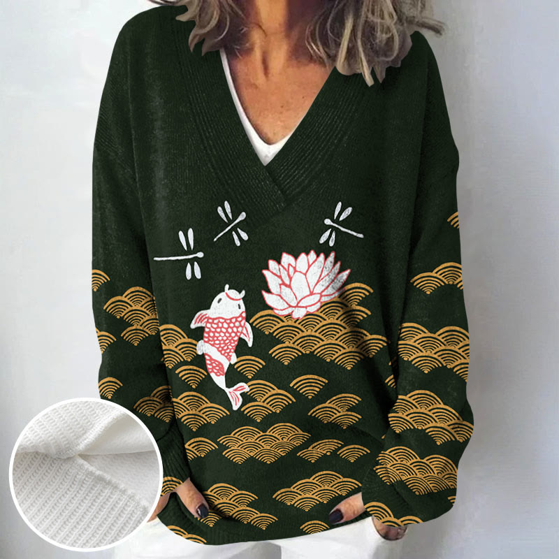 Japanese Style Koi Fish Dragonfly Wave Art Print Causal V-neck Pullover Sweater - image 8