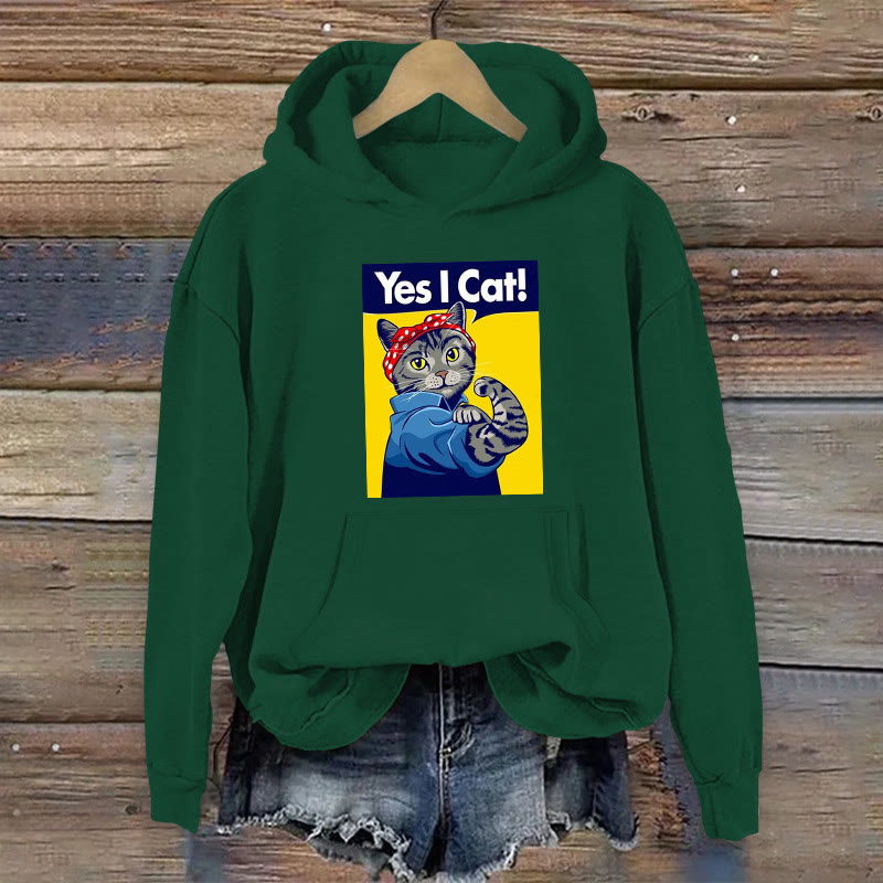 100% Cotton Funny Yes I Cat Print Women's Hoodie - Green - 2XL - image 4