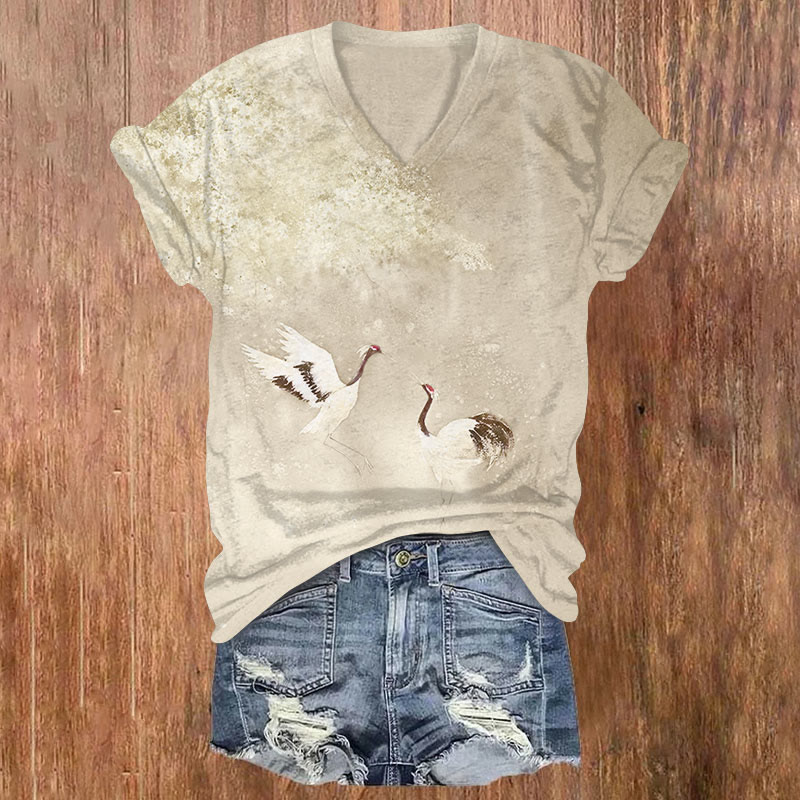 Japanese Cranes Play Under Bloom Floral Print V-neck T-shirt - Apricot - US32-34(5XL) - image 3