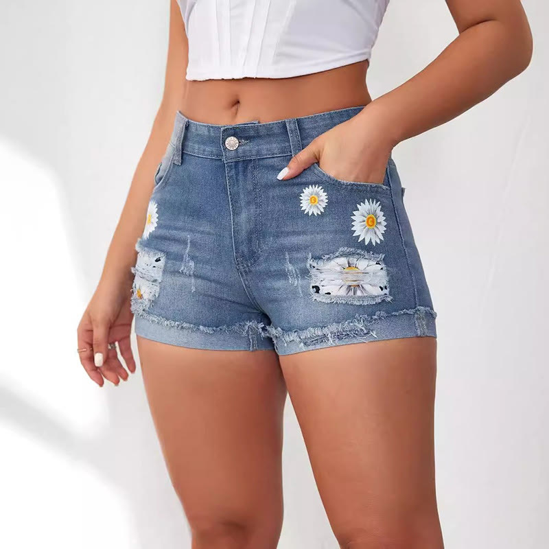 Casual Fringed Ripped Daisy Print Denim Shorts - image 4