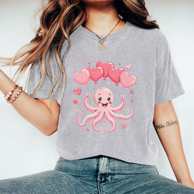 100% Cotton Valentine's Day Octopus Heart T-shirt - Grey - 2XL - image 3