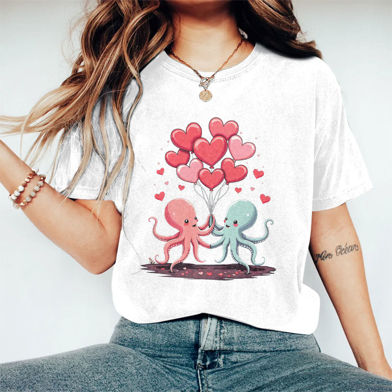 100% Cotton Valentine's Day Octopus Heart T-shirt - White - 2XL - image 3