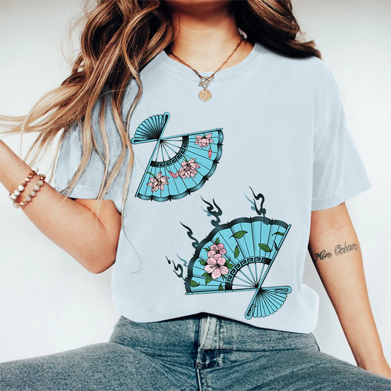 100% Cotton Women's Japanese Style Flower Fan Art Print Casual T-shirt - Blue - 2XL - image 5