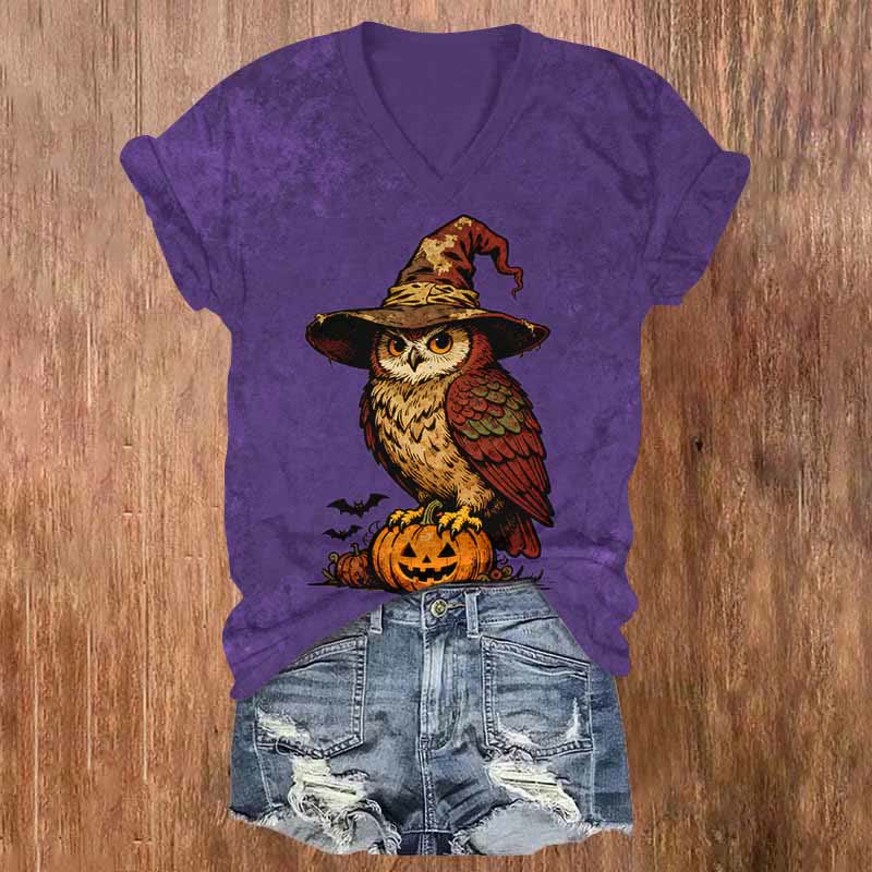 Halloween Wizard Owl Standing On A Pumpkin Print V-neck T-shirt - Purple - US32-34(5XL) - image 5