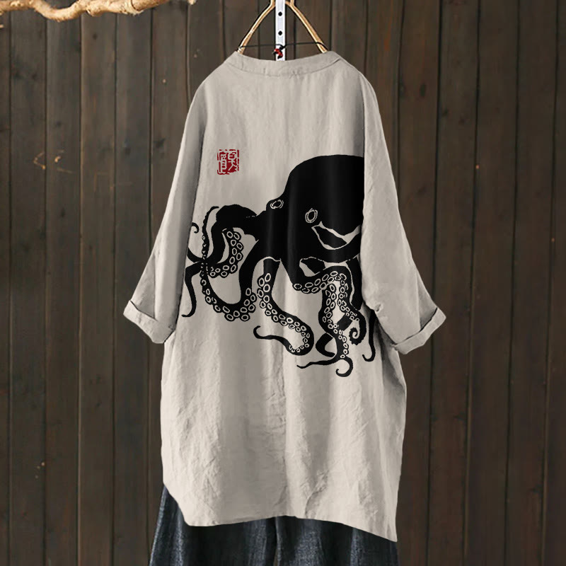Octopus Japanese Lino Art Print Cardigan