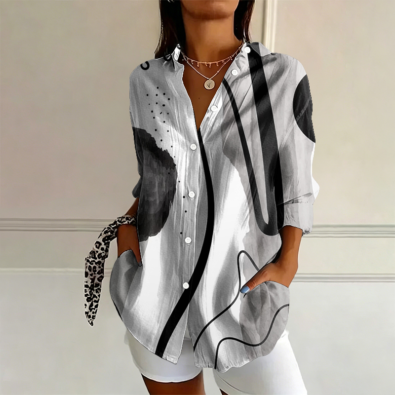 Minimalist Irregular Geometric Shapes Pattern Print Long Sleeve Blouse - White - 4XL - image 1