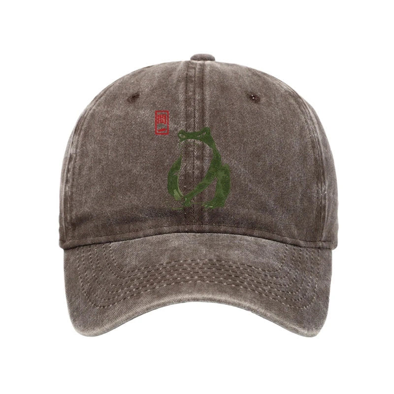 Unisex 100% Cotton Woodblock  Print Frog Vintage Print Cap - Coffee - one size - image 2