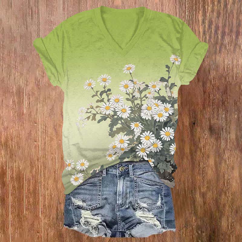 Japanese Lovely Daisy Art Print V-neck T-shirt - Green - US32-34(5XL) - image 4
