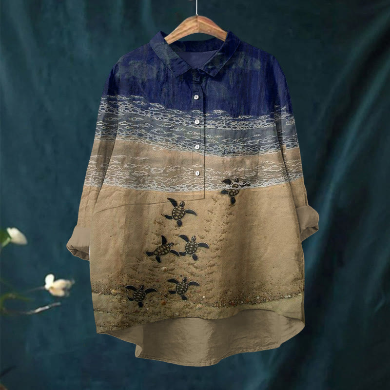 Baby Sea Turtles Beach Fiber Art Print Casual Lapel Blouse