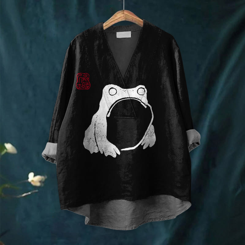 Frog Ancient Japanese Art Printed Casual V-neck Blouse - image 7