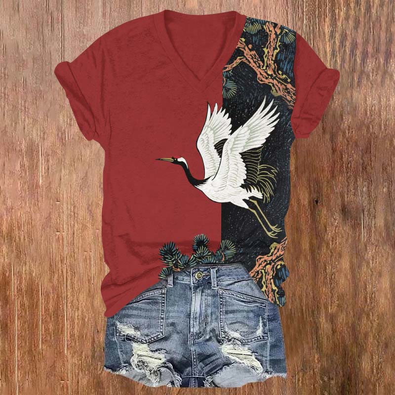 Japanese Flying Crane & Ancient Tree Print V-neck T-shirt - Red - US32-34(5XL) - image 3