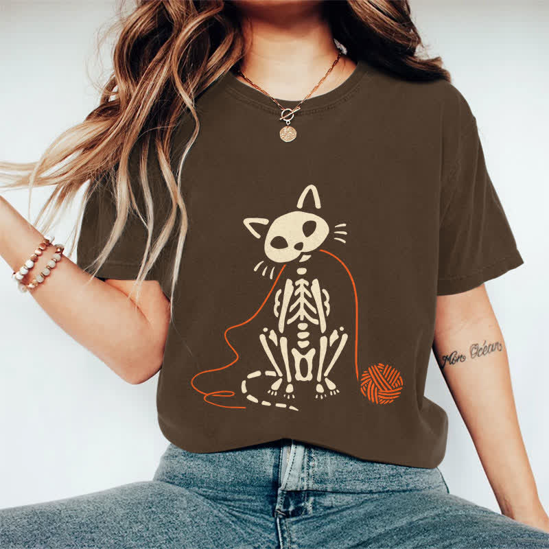 100% Cotton Women's Creative Skeleton Cat Playing Ball Of Yarn Art Print Casual T-shirt - Coffee - 2XL - image 6
