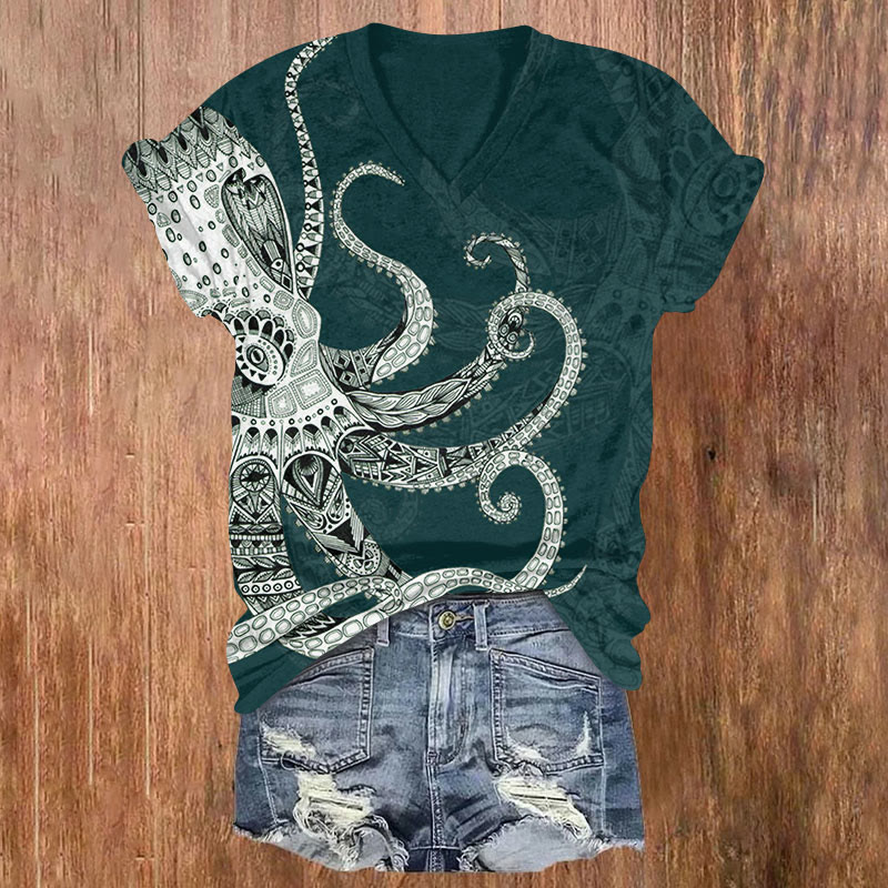 Octpus Print V-neck T-shirt - Dark Green - US32-34(5XL) - image 3