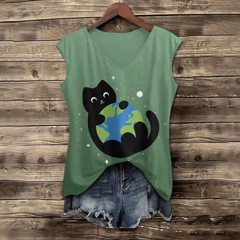 Women's Funny Cat Holding The Earth Art Print V-neck Tank Top - Ombre Green - 5XL - image 7
