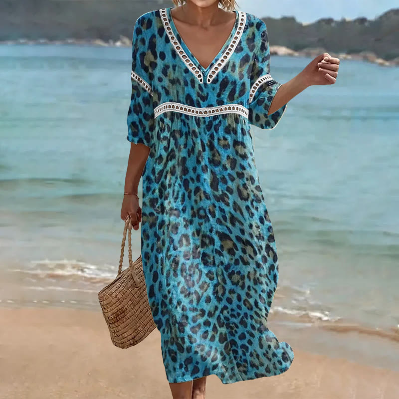 Elegant Wild Leopard Print Openwork Lace V-Neck Half Sleeve Maxi Dress - Blue - 4XL - image 3