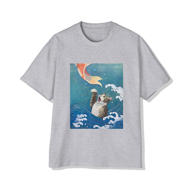 Unisex Vintage Wave Cat Print Short Sleeved Crew Neck T-shirt - Grey - 2XL - image 3