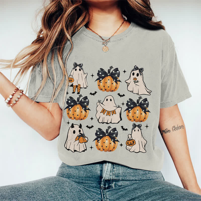100% Cotton Halloween Girly Ghost & Pumpkin Art Print T-Shirt - Warm Grey - 2XL - image 8