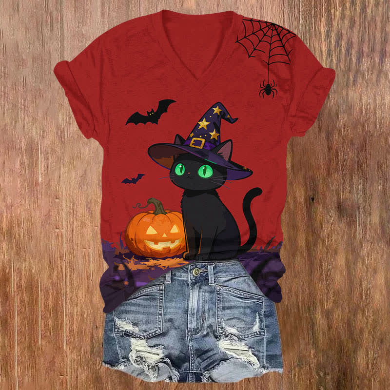 Halloween Wizard Black Cat & Pumpkin Print V-neck T-shirt - Red - US32-34(5XL) - image 3