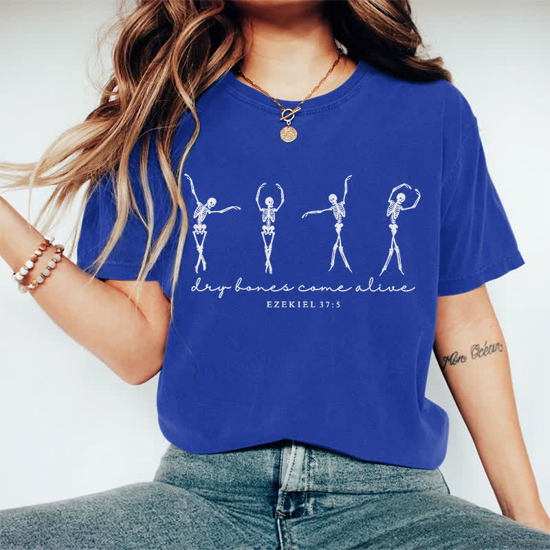 100% Cotton Women's Dancing Skeleton Man Halloween Art Print Casual T-shirt - Blue - 2XL - image 7