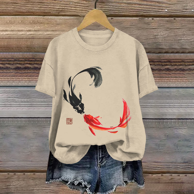 100% Cotton Vintage Japanese Black And Red Kissing Koi Art Print T-shirt