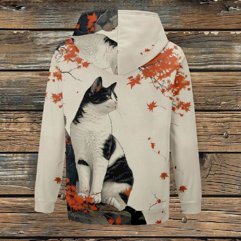 Women's Japanese Elegant Cat ＆ Maple Leaf Print Fleece Jacket - image 3