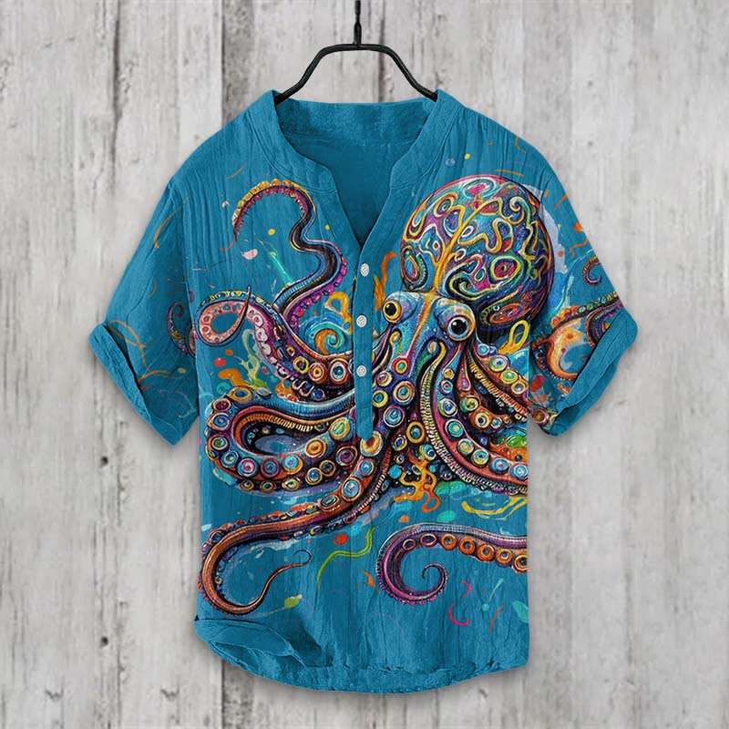 Vintage Rainbow Octopus Art Print Shirt - Lake Blue - 5XL - image 7