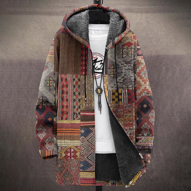 Vintage Geometic Ethnic Patchwork Art Print Unisex Plush Thick Long-sleeved Fleece Jacket Coat - image 2