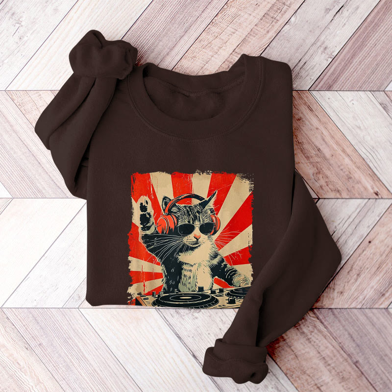 100% Cotton Dj Cat Print Round Neck Casual Fleece Sweatshirt - Brown - 2XL - image 3