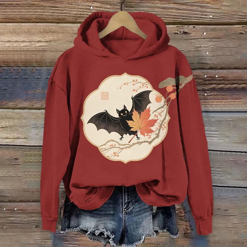 Halloween Bat On Maple Tree Branch Print Long Sleeve Hoodie - Red - US44-46(8XL) - image 2