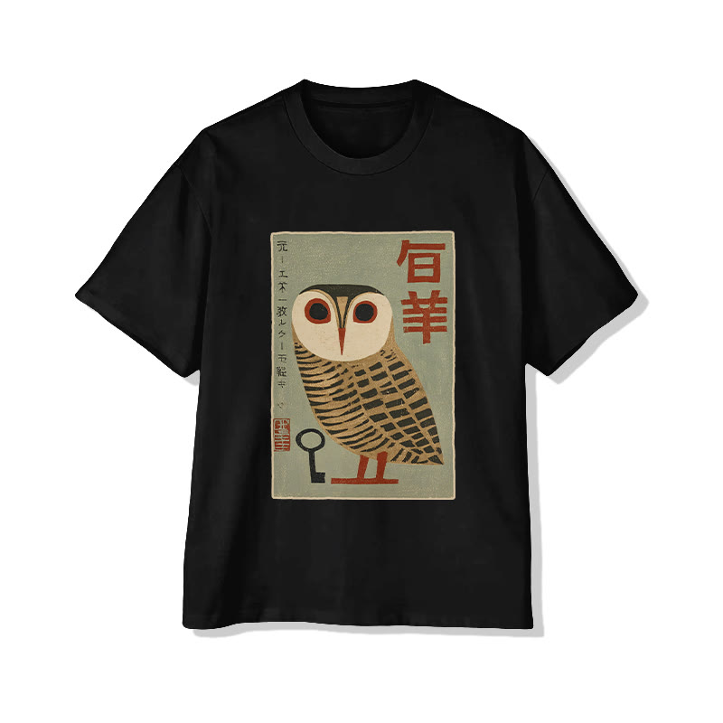 Unisex Japanese Art Owl Print Short Sleeved Crew Neck T-shirt - Black - 2XL - image 3