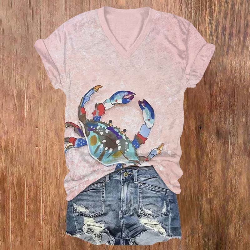 Creative Fantasy Colorful Crab Print V-neck T-shirt - Pink - US32-34(5XL) - image 2