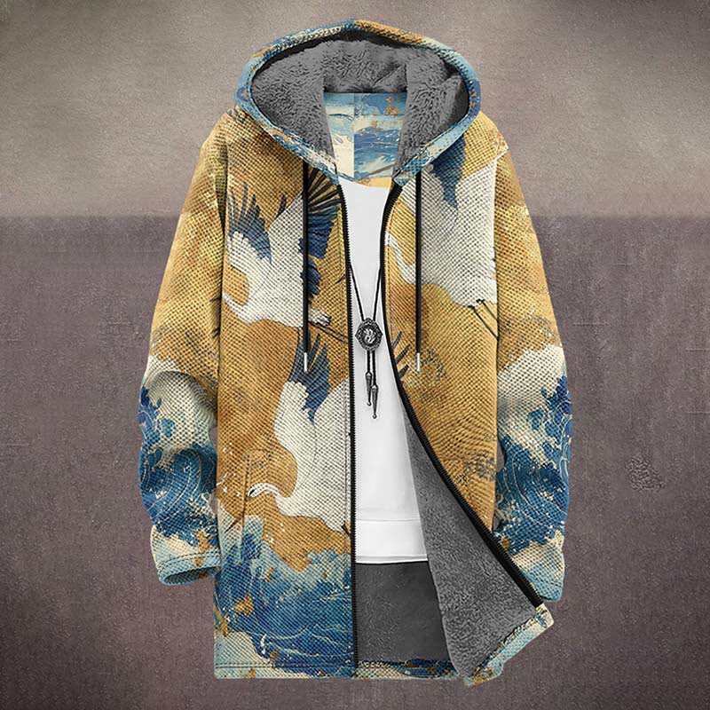 Japanese Retro Crane Flying Across Ocean Wave Print Unisex Plush Thick Long-sleeved Fleece Jacket Coat - image 2