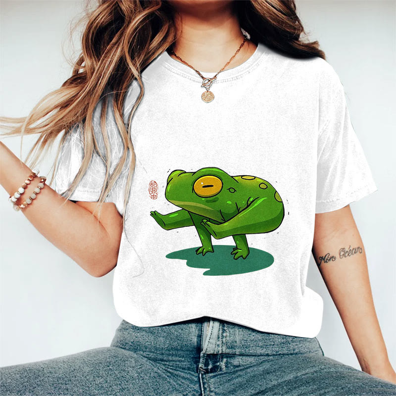 100% Cotton Funny Frog Yoga Art Print Casual T-shirt - White - 2XL - image 2