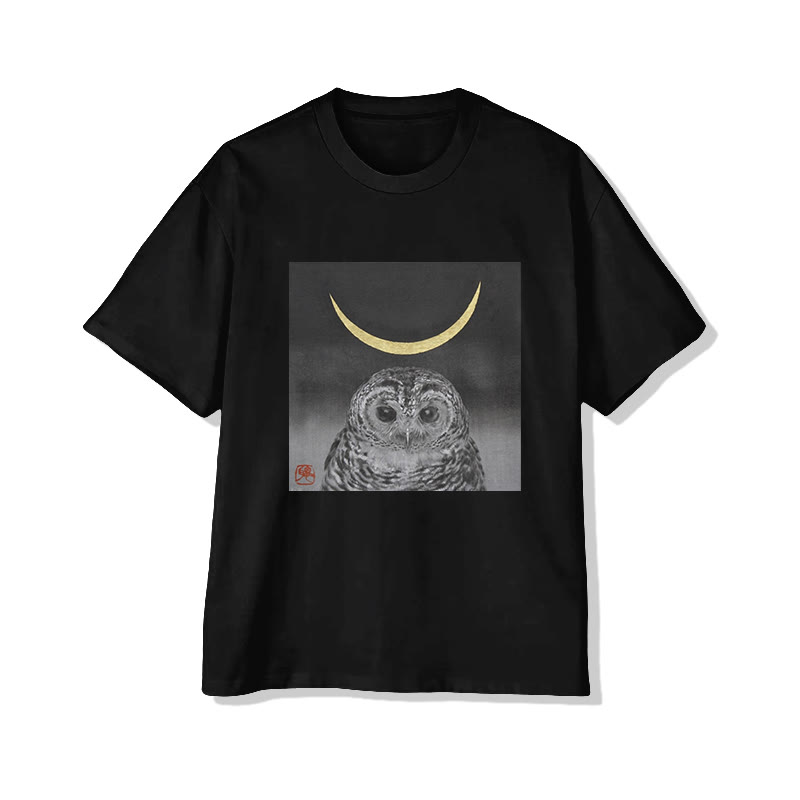 Unisex Owl And Crescent Moon Art  Print Short Sleeved Crew Neck T-Shirt - Black - 2XL - image 4