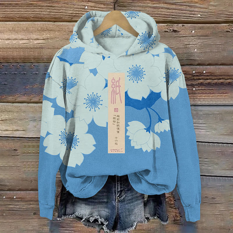 Unisex Japanese Sakura Cherry Blossom Stationery  Pattern Art Print Long Sleeved Hoodie - Blue - US44-46(8XL) - image 3