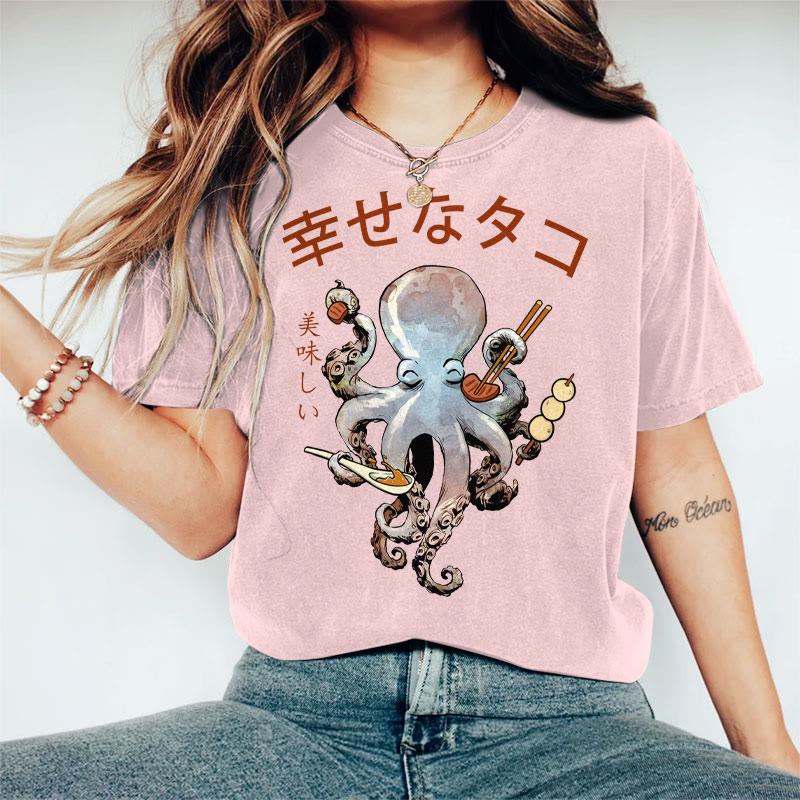 100% Cotton Women's Japanese Octopus Enjoying Food Art Print Casual T-shirt - Pink - 2XL - image 2
