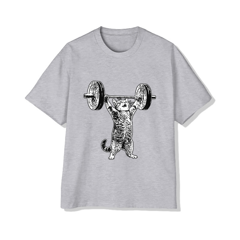 Unisex Cat Weightlifting Print Short Sleeved Crew Neck T-Shirt - Grey - 2XL - image 3