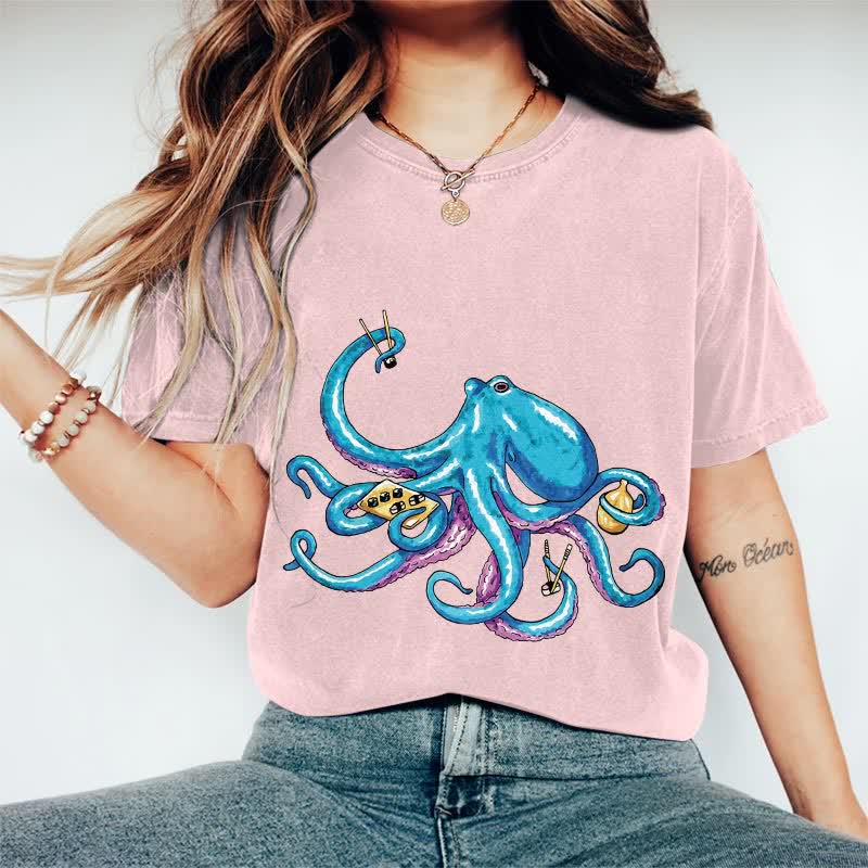 100% Cotton Japanese Creative Octopus Holding Sushi Art T-shirt - Pink - 2XL - image 13