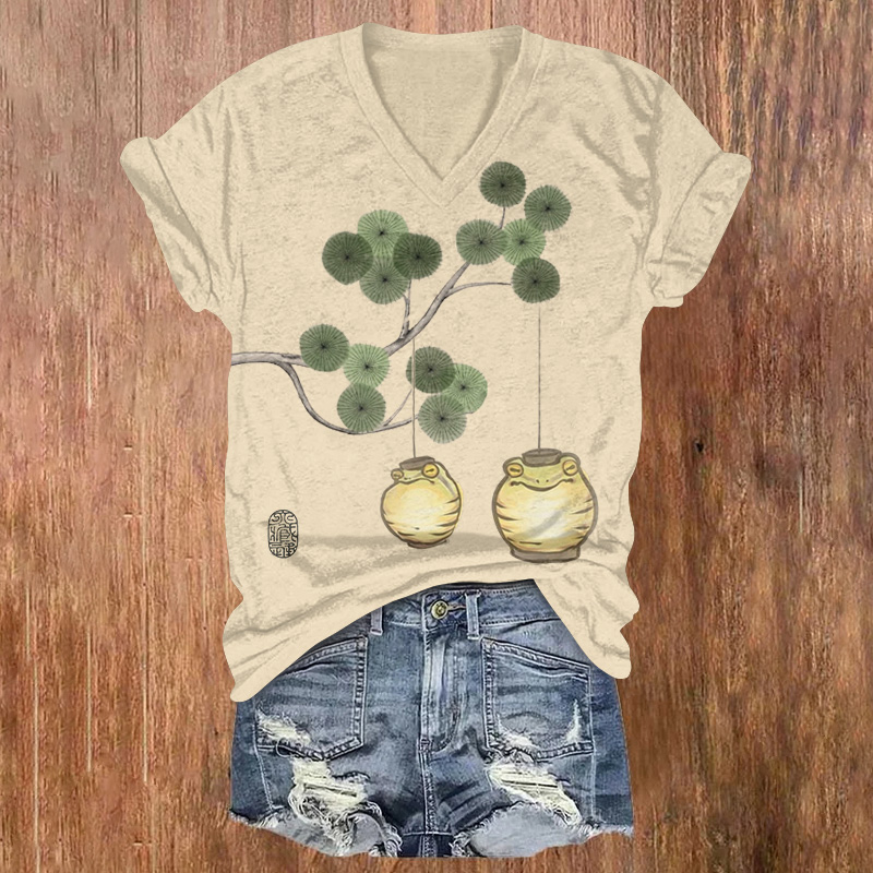 Two Whimsical, Japanese-style Frogs Hang From A Tree Printed Short Sleeved V-neck T-shirt - Khaki - US32-34(5XL) - image 1