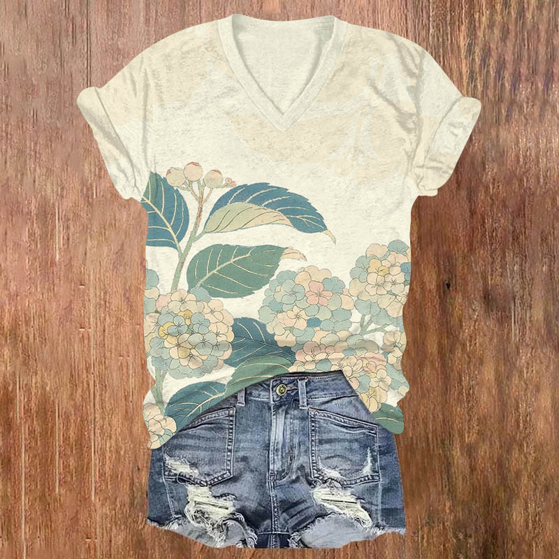 Vintage Cartoon Hydrangea Art Print V-neck T-shirt - Beige - US32-34(5XL) - image 4
