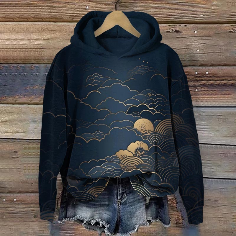 Japanese Clouds & Waves Art Print Long Sleeve Hoodie - Dark Blue - 8XL - image 1