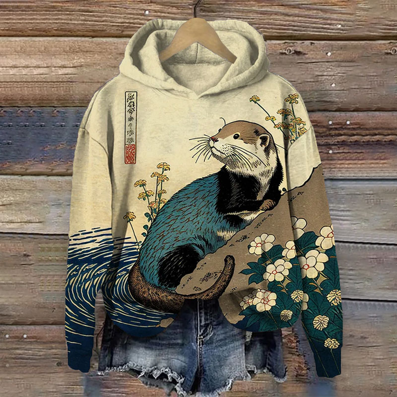 Floral Otter Water Japanese Art Print Long Sleeve Hoodie - Khaki - 8XL - image 1