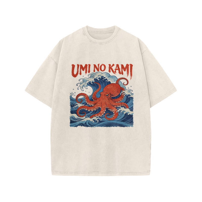 Japanese Ocean Wave Octopus Print Acid Washed T-shirt - Beige - US20-22(3XL) - image 5