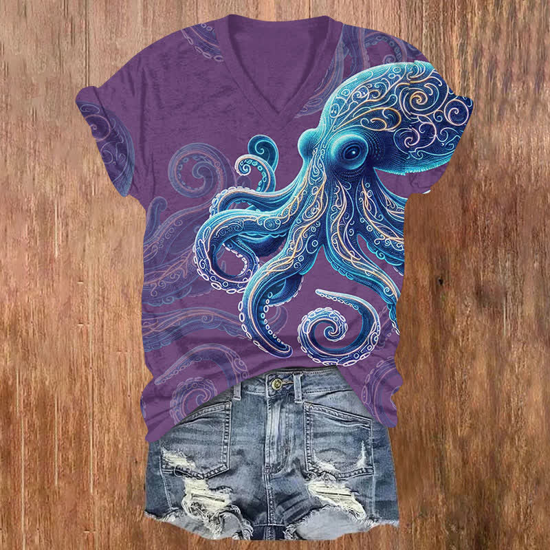 Vintage Wise Ocean Octopus Print V-neck T-shirt - Purple - US32-34(5XL) - image 2